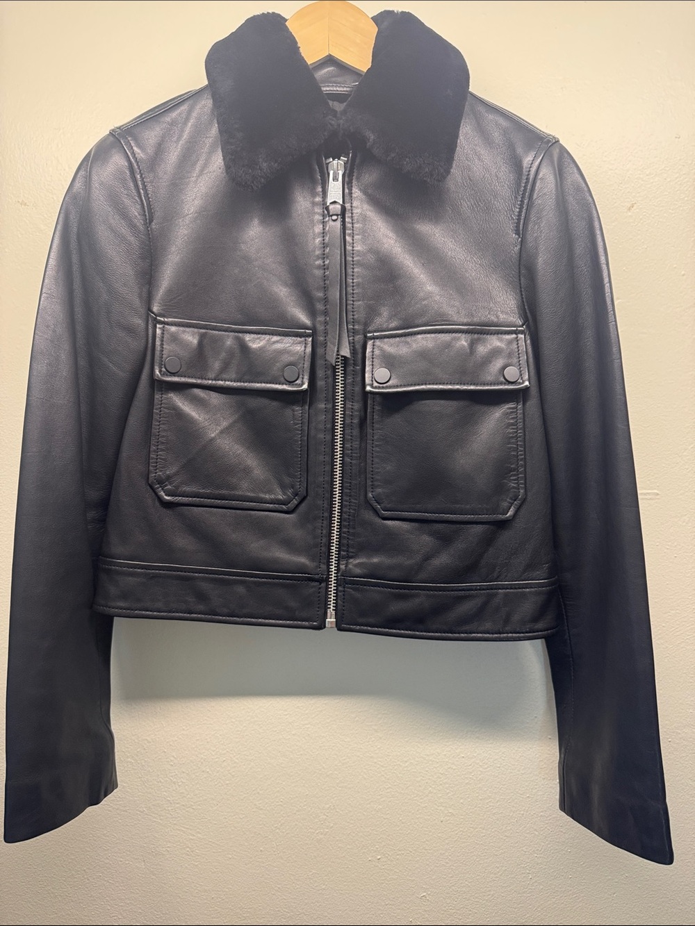 Women’s All Saints Safiya Black Leather Zip Jacket with Fur Collar